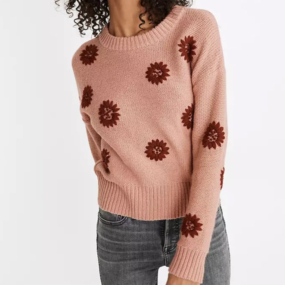 Madewell Pink Knit Flower Embroidered Pullover Sweater XXS